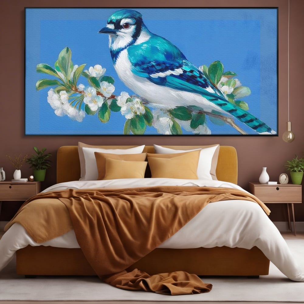 Tablou canvas cu tablou canvas cu gai albastra pe ramura, in rama de aluminiu negru, pe perete intr-un dormitor